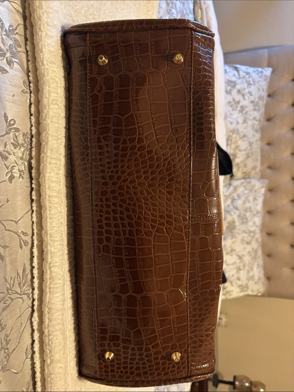 IMAN Dark Brown Croc-Embossed Tote with Gold Accents